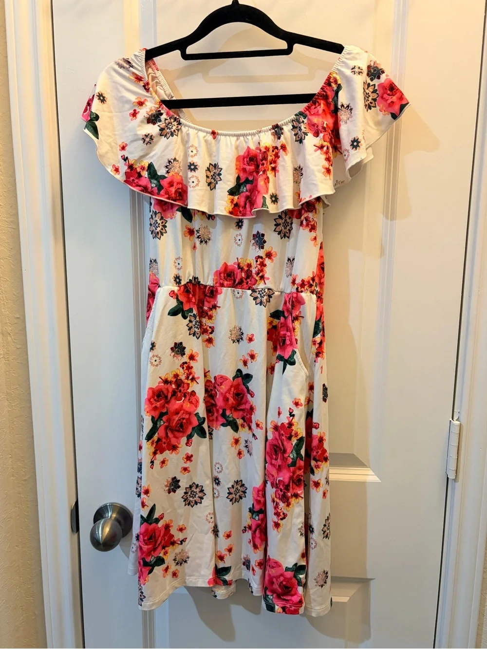 Justice White Off-Shoulder Floral Dress with Pink Rose Print Size:12